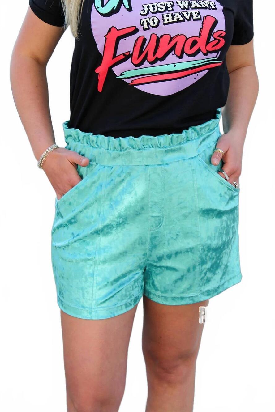 NEW ROWDY CROWD women's vetiver velvet shorts in turquoise